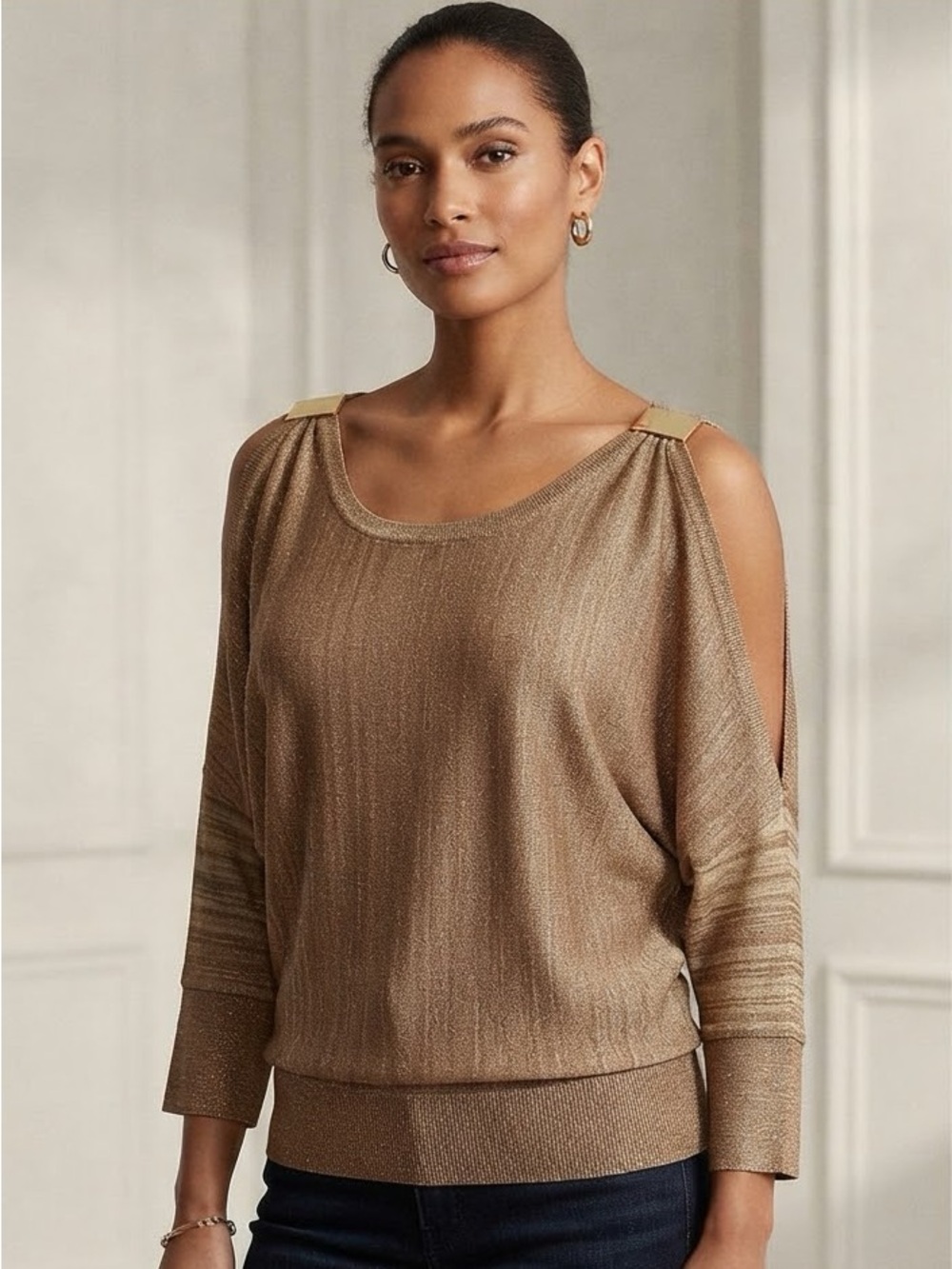 INC International Concepts Metallic Cold-Shoulder Knit Top – Size M